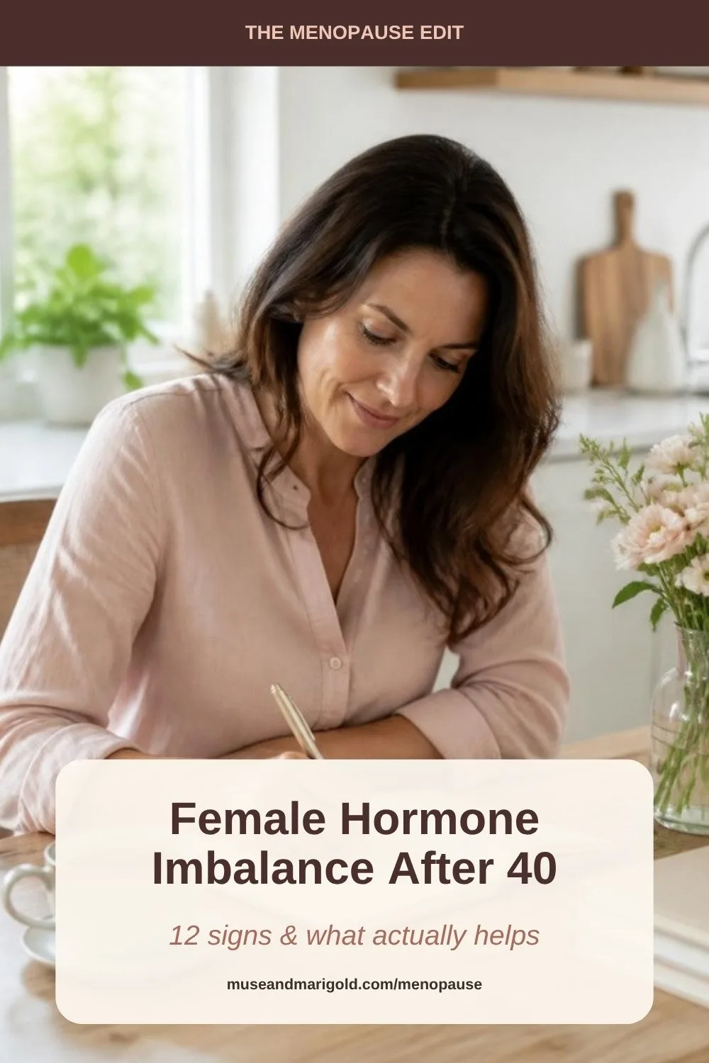 Pin graphic listing signs of female hormone imbalance after 40