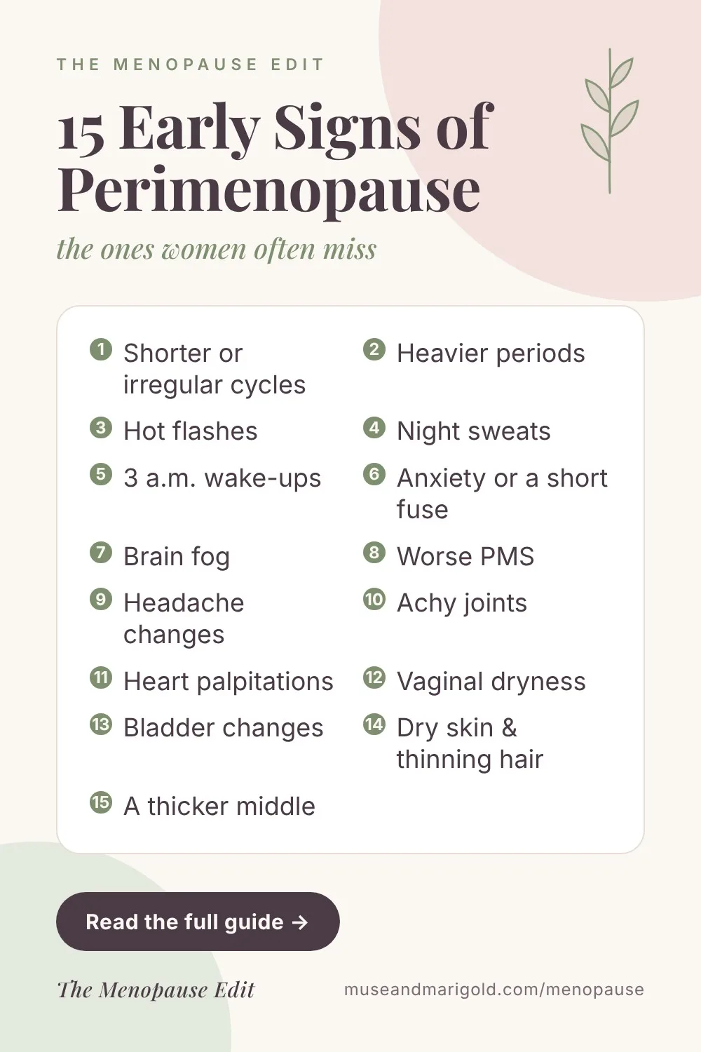 Pin graphic listing 15 early signs of perimenopause