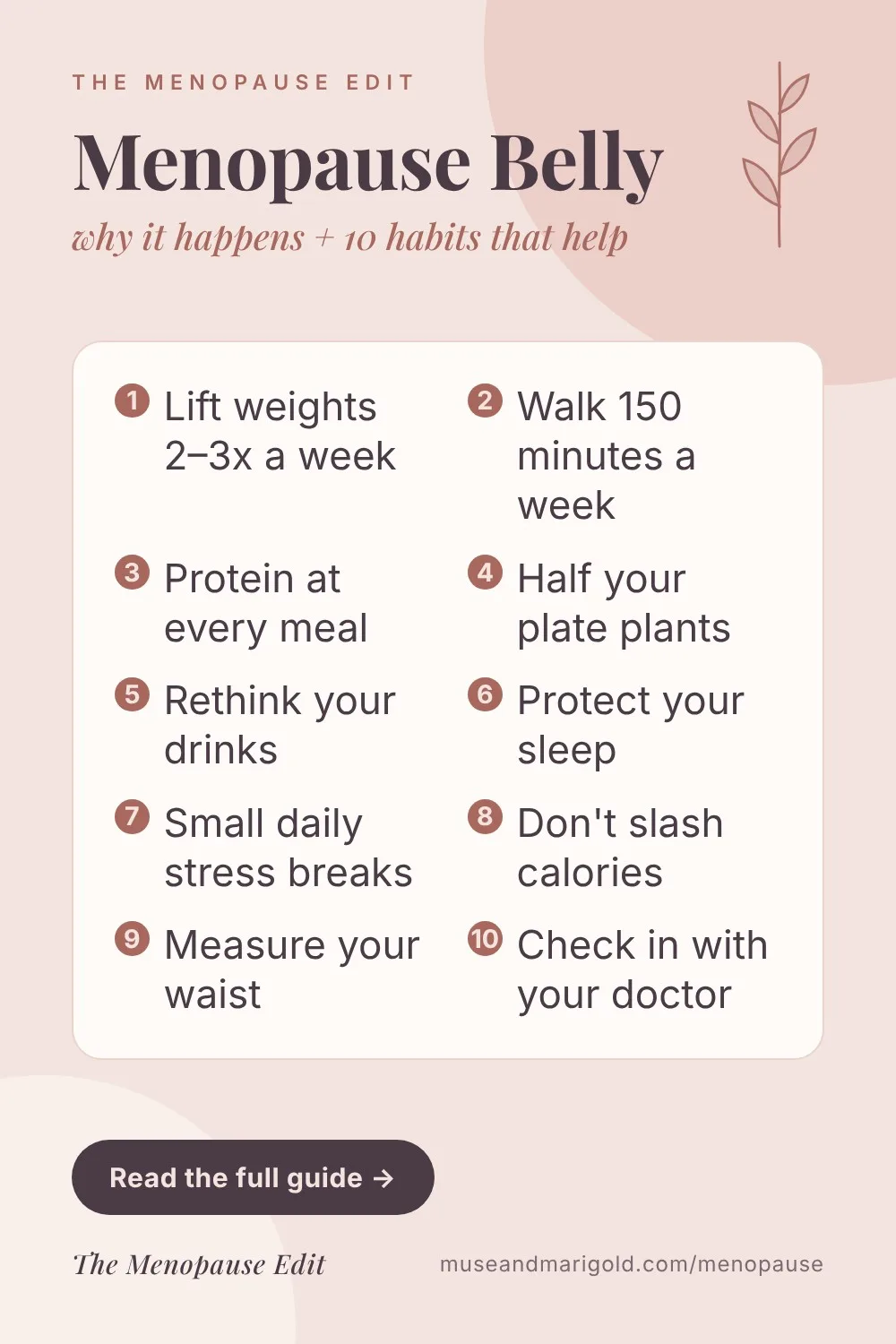 Pin graphic about the menopause belly and 10 helpful habits