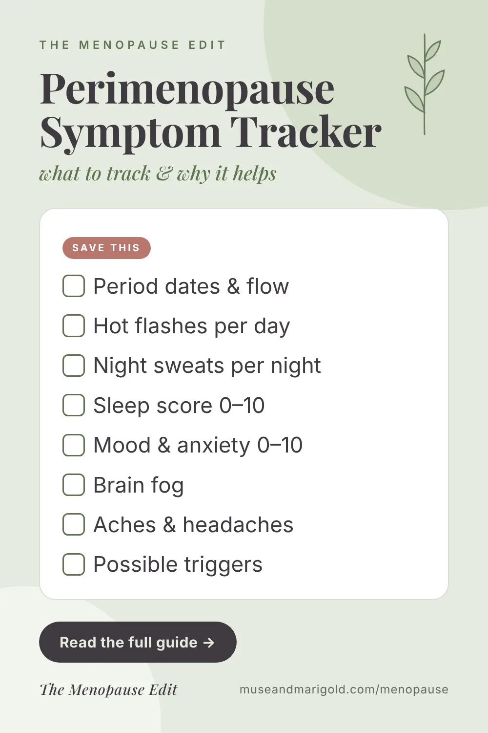 Pin graphic of a perimenopause symptom tracker checklist