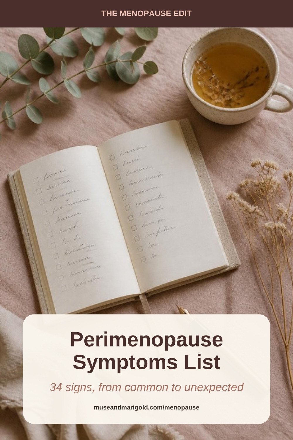 Pin graphic titled Perimenopause Symptoms List, 34 signs grouped by body system