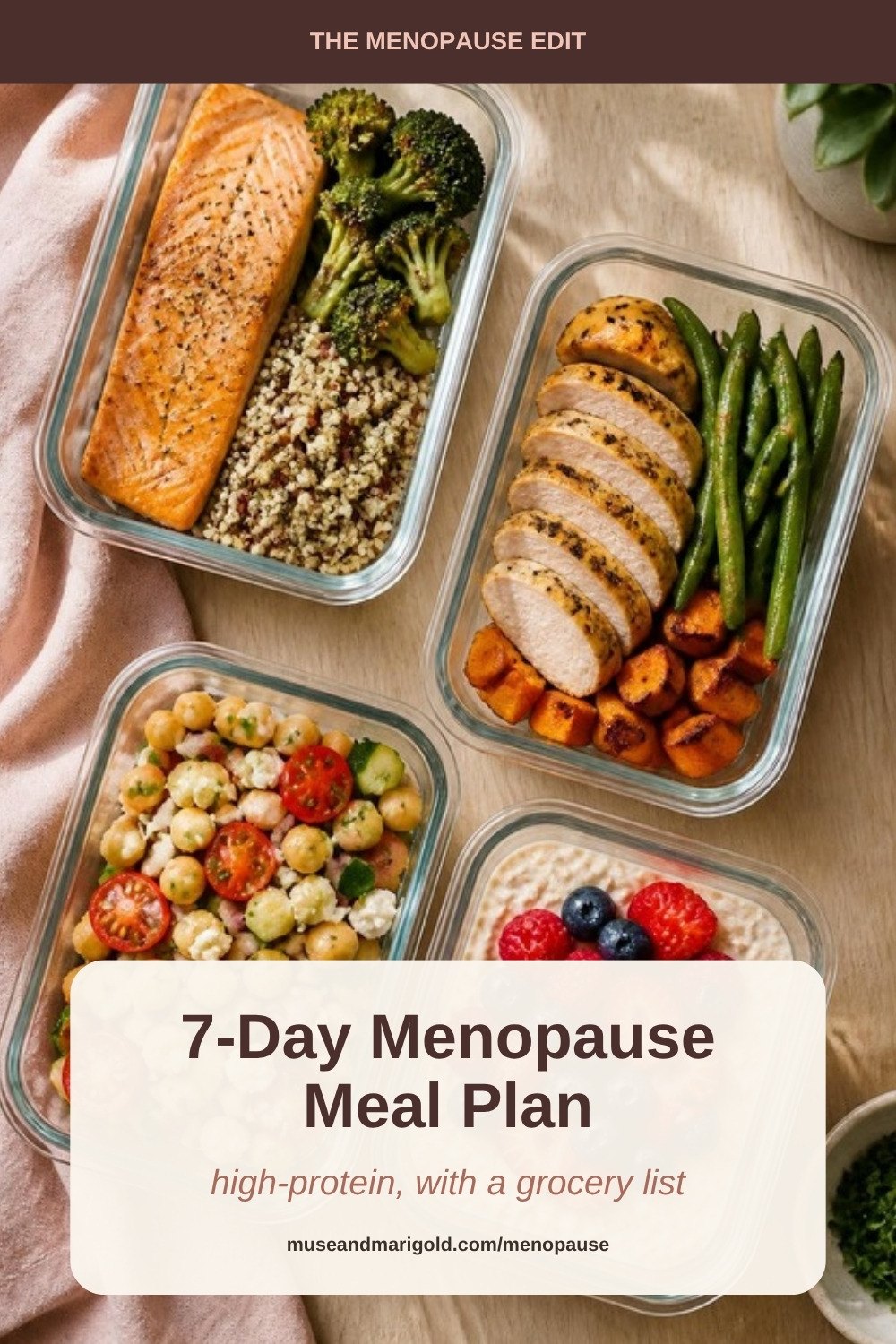 Pin graphic for a 7-day menopause diet meal plan with grocery list