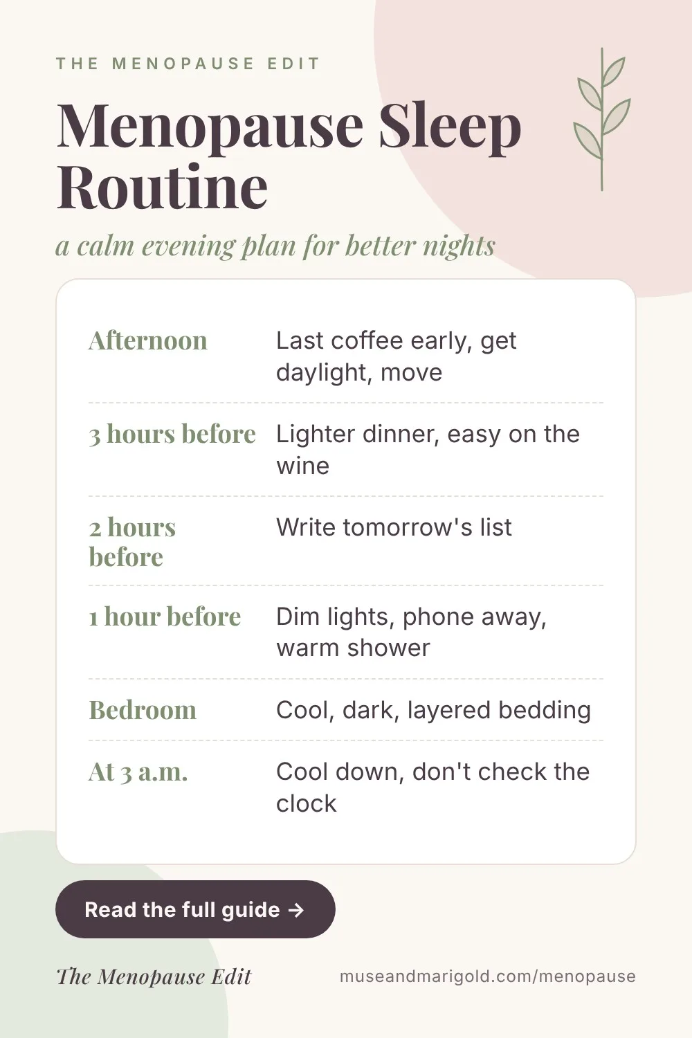 Pin graphic of a menopause bedtime routine timeline