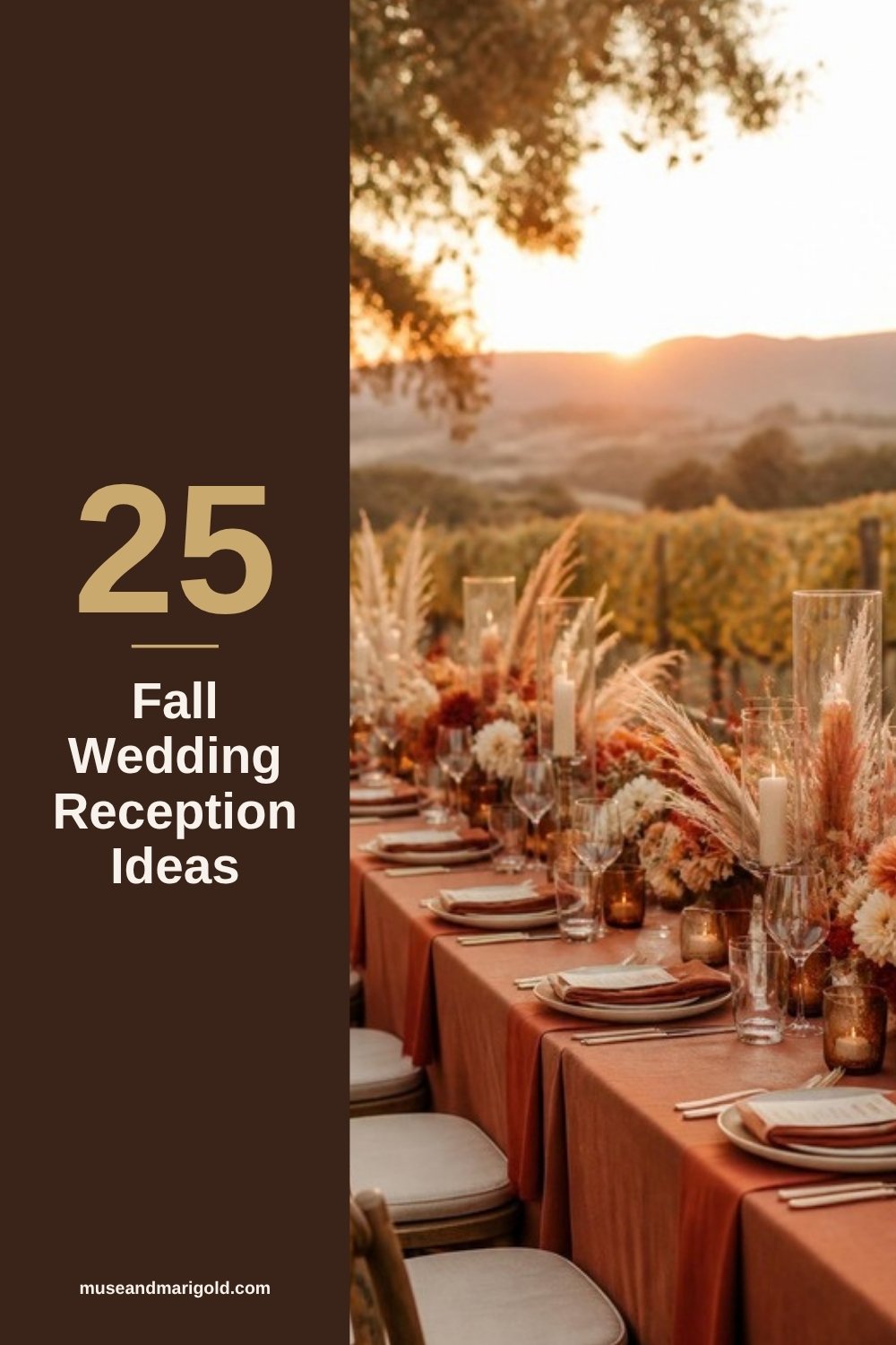 Long outdoor wedding reception table with terracotta linens, dried pampas and orange flowers above vineyard hills at sunset