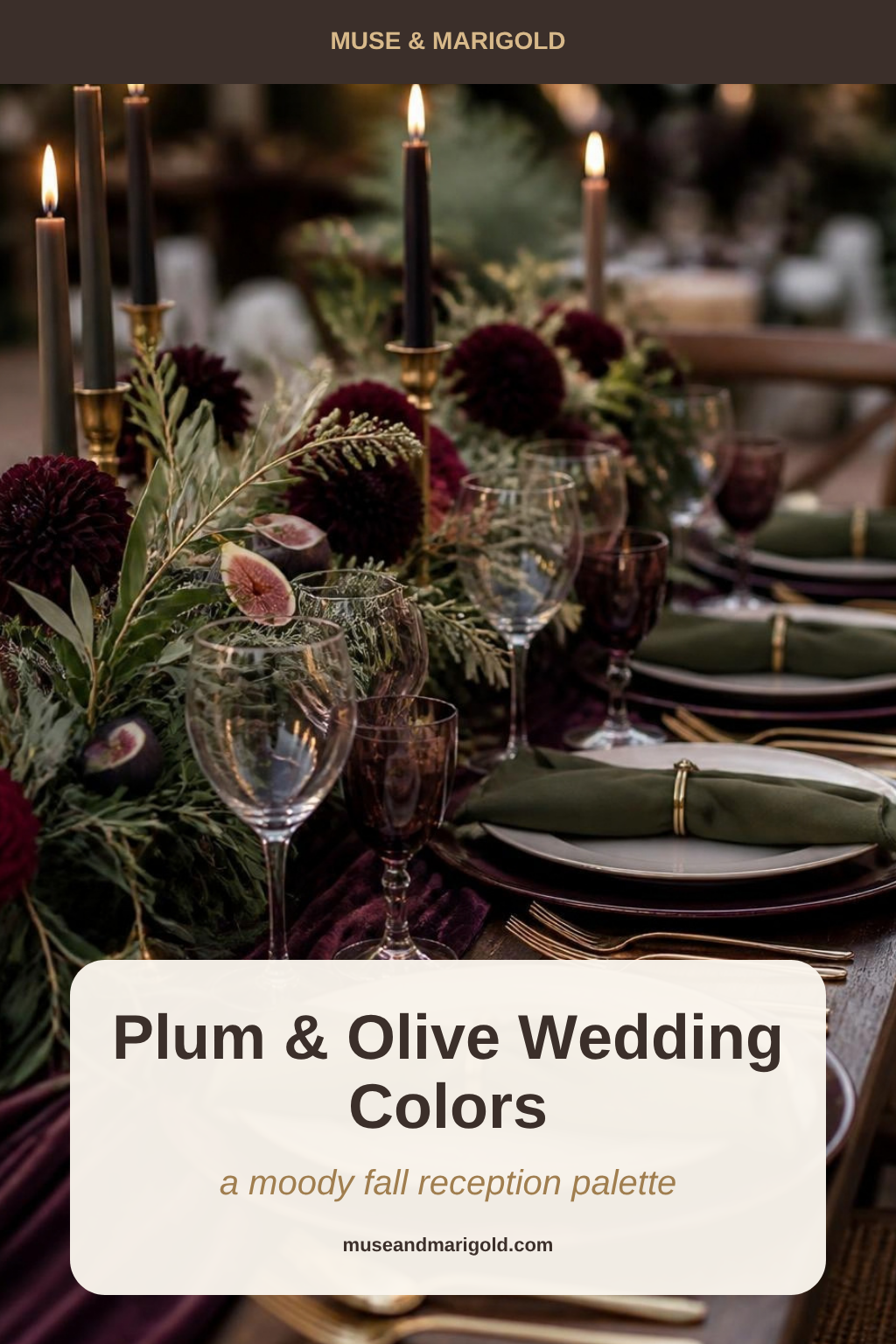 Fall wedding reception table in plum and olive with burgundy dahlias, olive napkins and gold flatware
