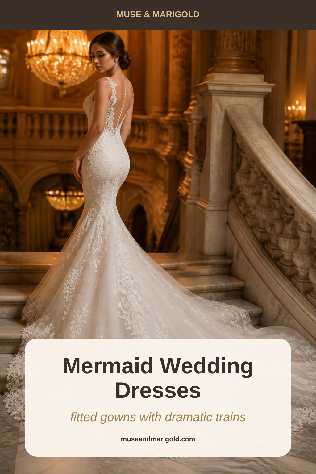 Bride in a fitted lace mermaid wedding dress with a long cathedral train on a grand marble staircase
