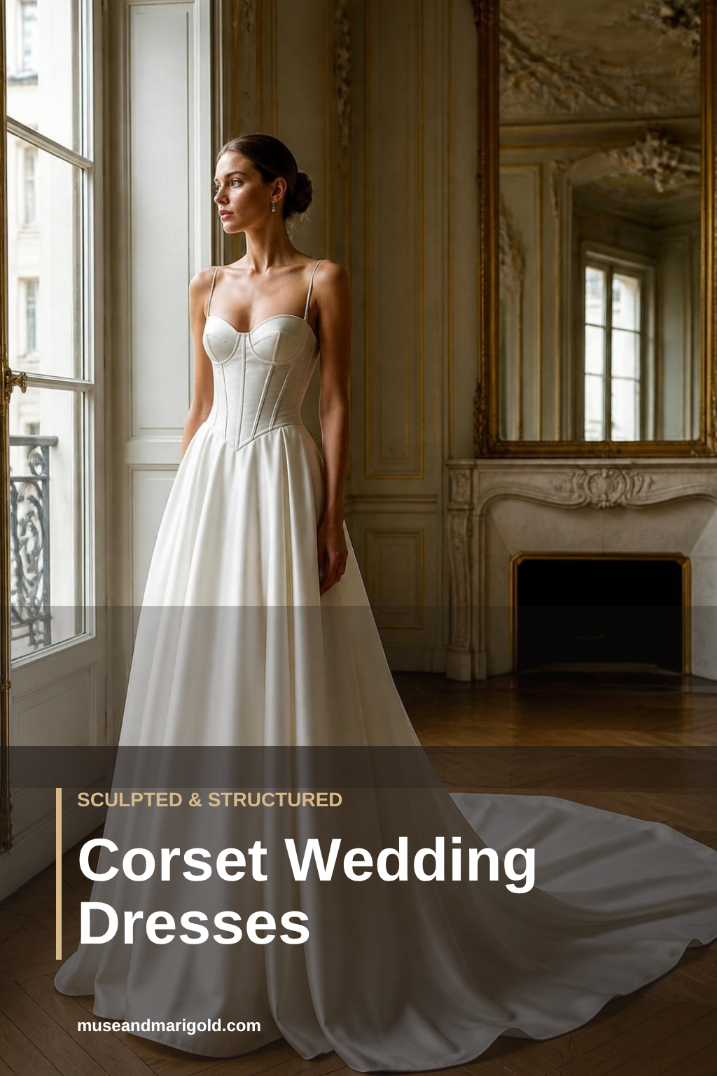 Bride in an ivory satin corset wedding dress with a structured boned bodice in a sunlit Parisian salon