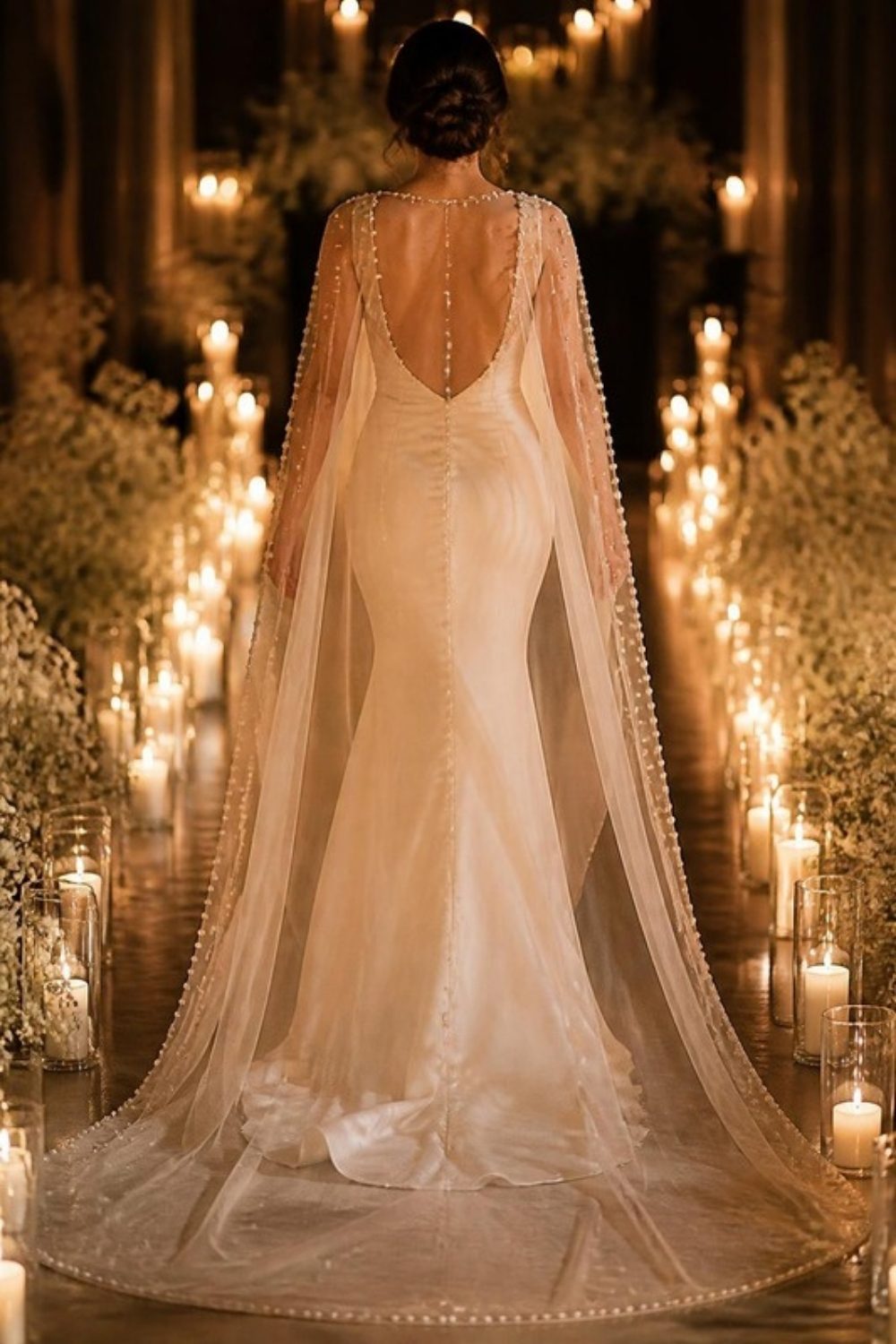 Back view of a bride walking down a candlelit aisle with a floor-length pearl-edged tulle cape trailing behind her