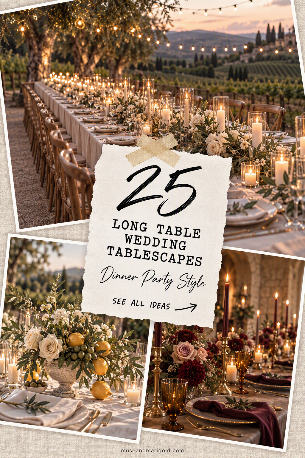 Long wedding reception tables with greenery, citrus and candles with text reading 25 Long Table Wedding Tablescapes