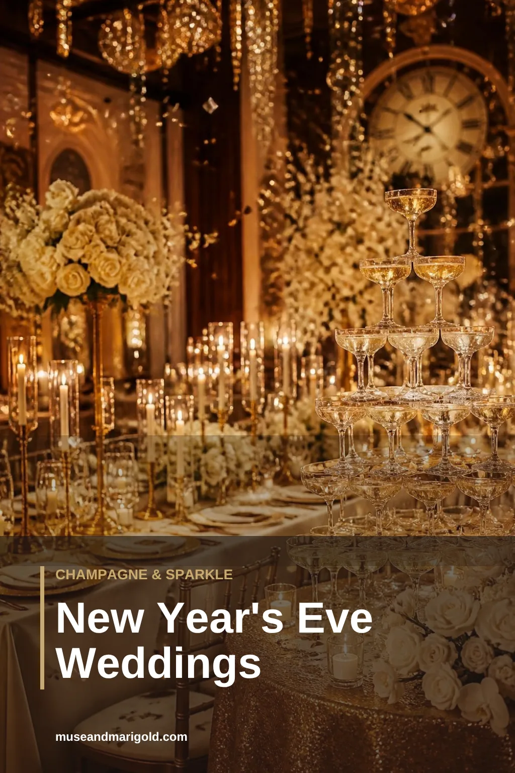 Glamorous New Year's Eve wedding reception with a champagne tower, gold accents, candles and a vintage clock