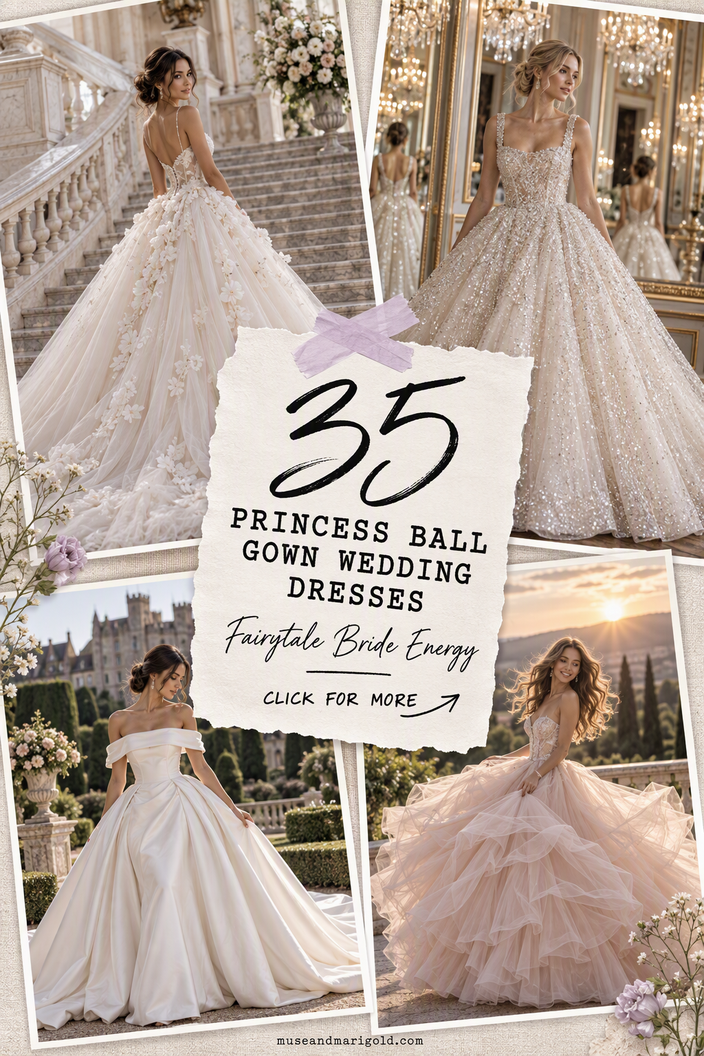 Four brides in princess ball gown wedding dresses in palace settings with text reading 35 Princess Ball Gown Wedding Dresses