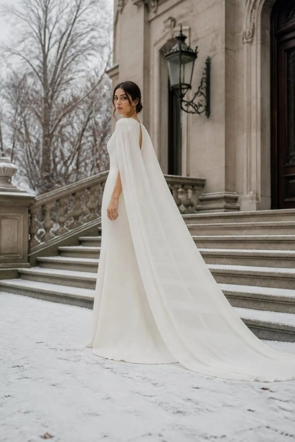 Bride in a fitted white gown and long sheer chiffon cape on a stone staircase outside a classic building with snowy trees