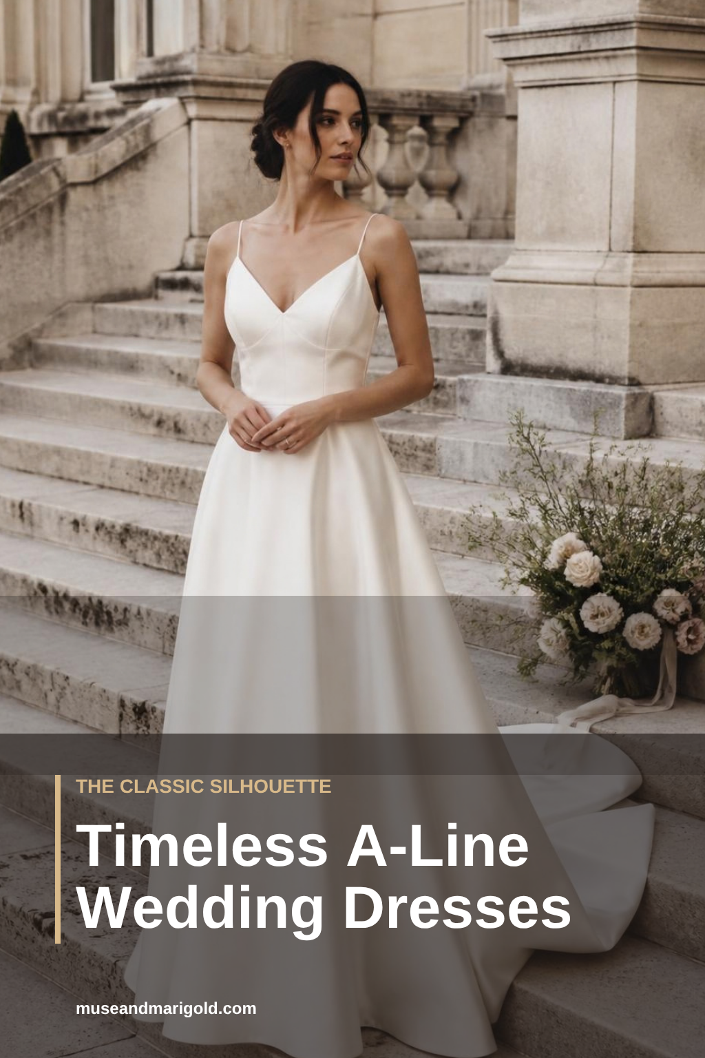 Bride in a minimalist ivory satin A-line wedding dress on the stone steps of a classic estate