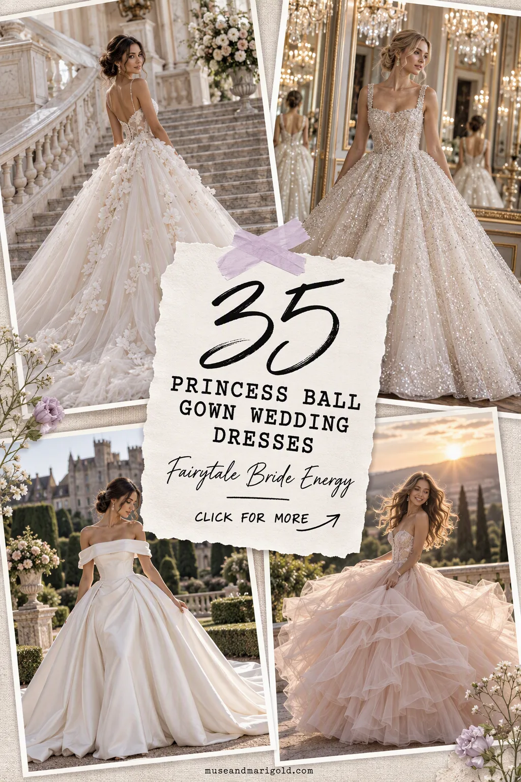 Four brides in princess ball gown wedding dresses in palace settings with text reading 35 Princess Ball Gown Wedding Dresses