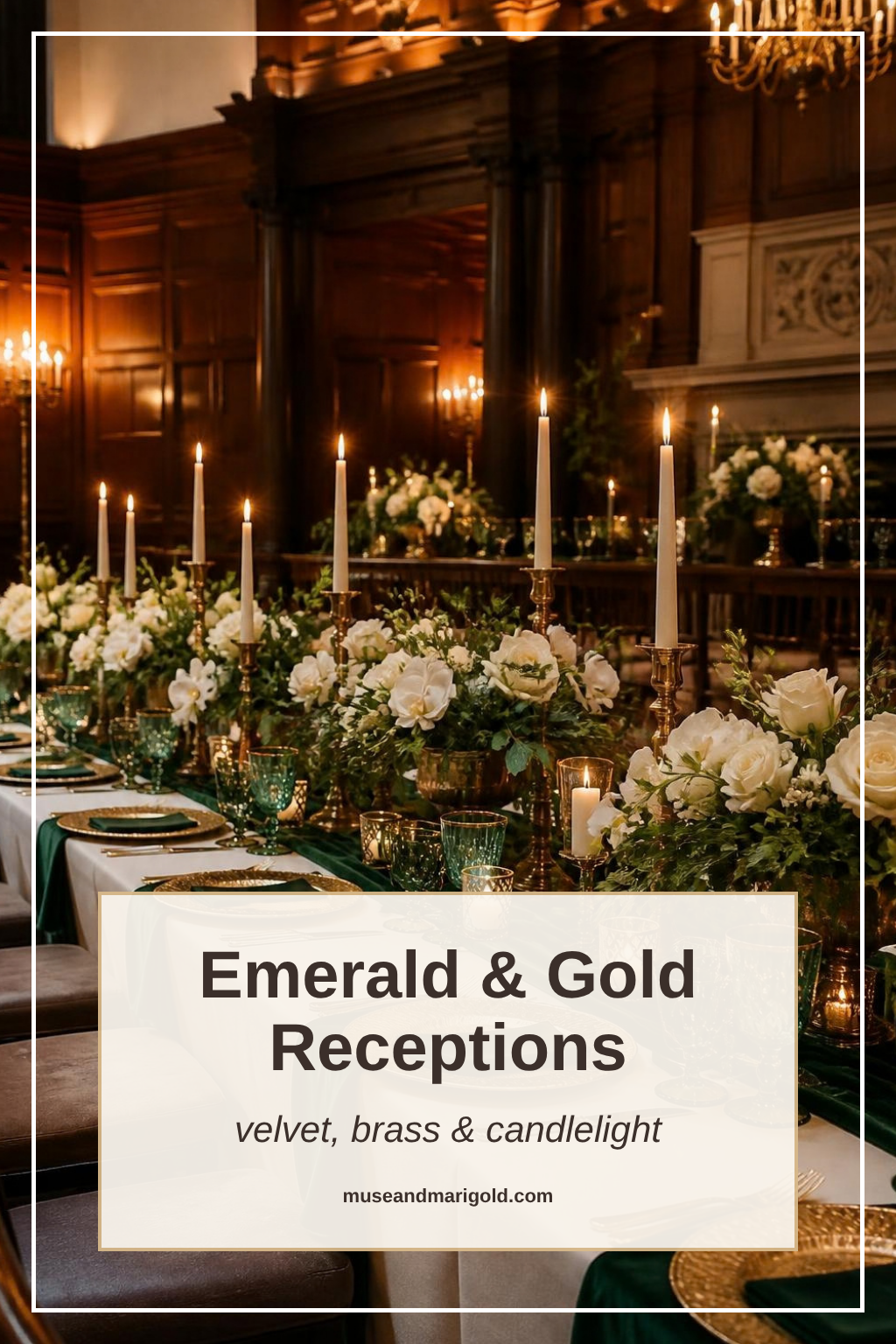 Emerald and gold wedding reception table with velvet runners, gold chargers, brass candlesticks and white roses