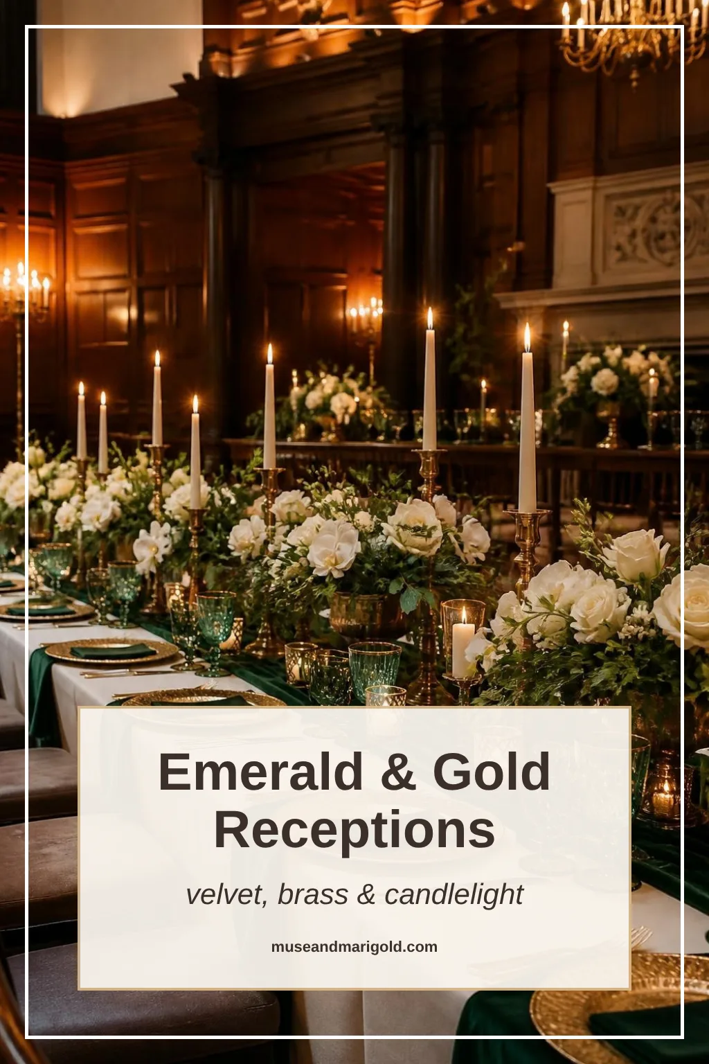 Emerald and gold wedding reception table with velvet runners, gold chargers, brass candlesticks and white roses