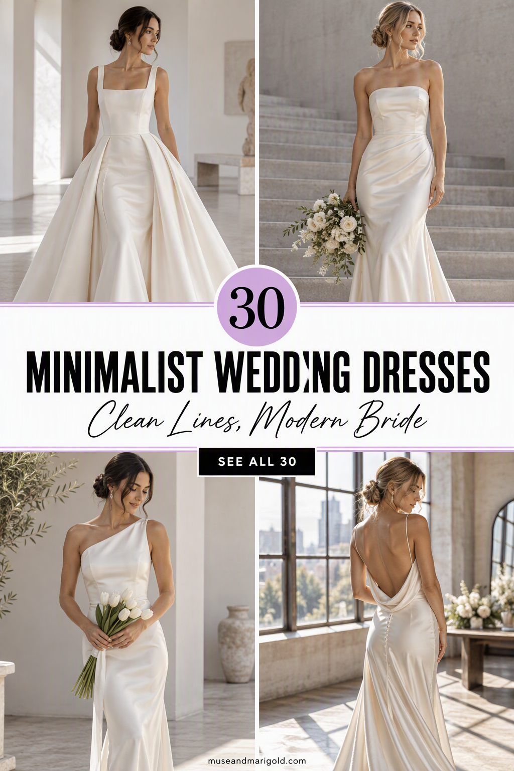 Four brides showcasing minimalist crepe and satin wedding dresses with text reading 30 Minimalist Wedding Dresses