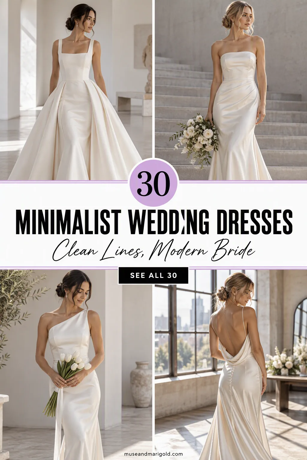 Four brides showcasing minimalist crepe and satin wedding dresses with text reading 30 Minimalist Wedding Dresses