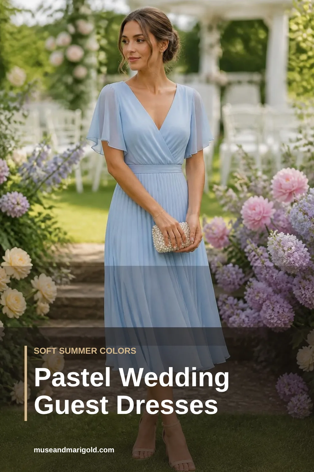 Wedding guest in a powder blue chiffon midi dress in a pastel English garden with hydrangeas