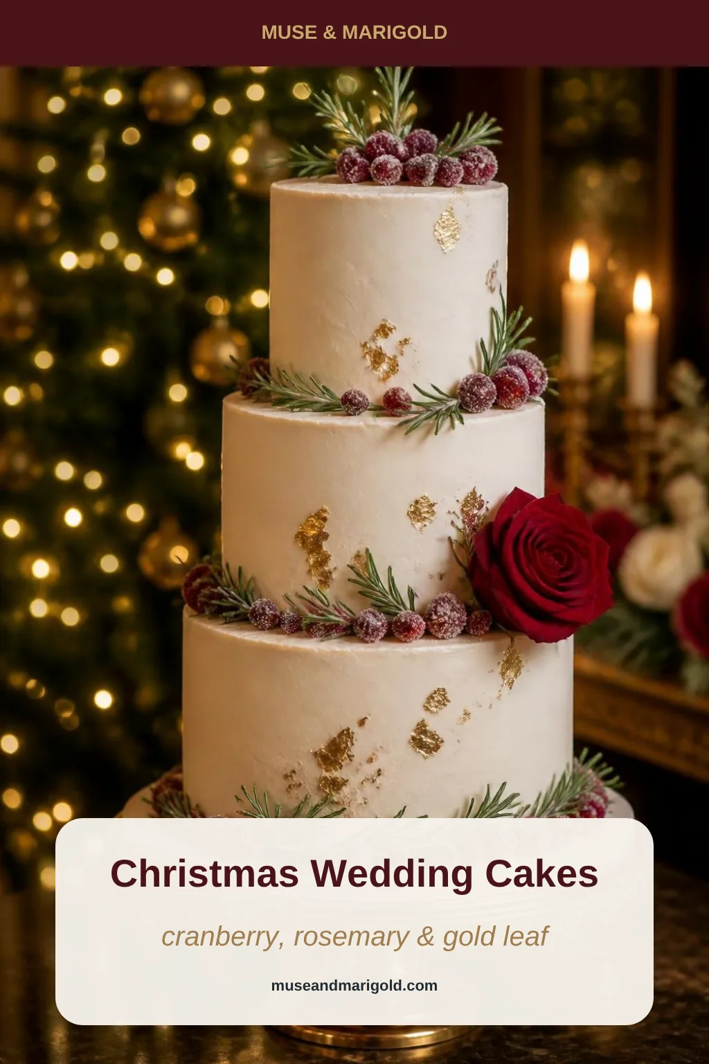 Three-tier ivory Christmas wedding cake with sugared cranberries, rosemary, gold leaf and a red rose by a Christmas tree