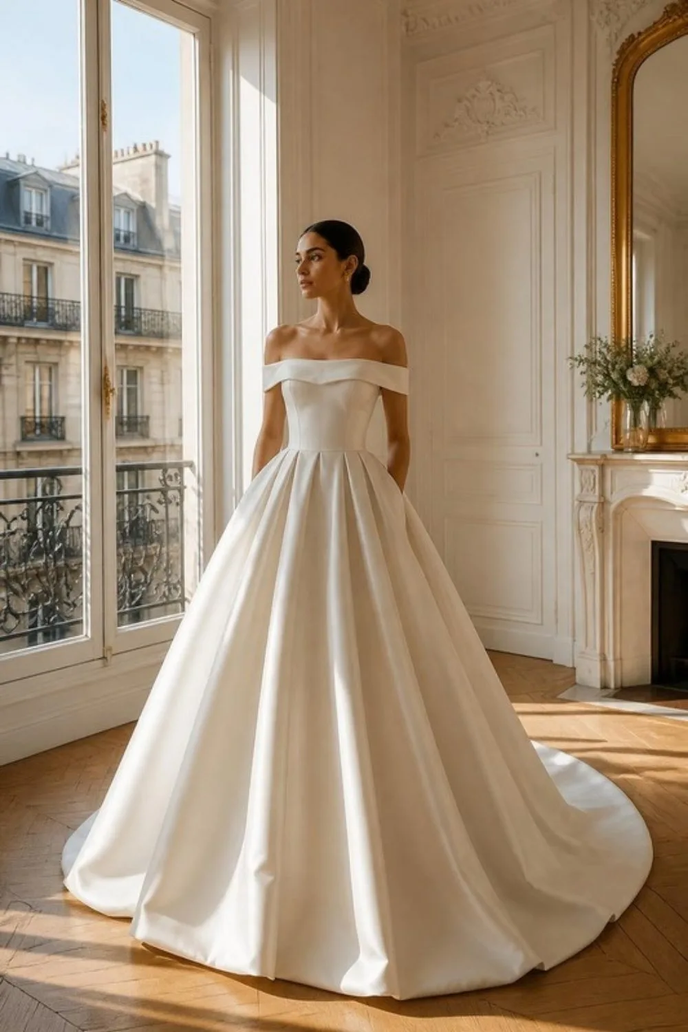 Bride in an off-the-shoulder ivory satin ball gown by a tall window in a Parisian apartment with herringbone w
