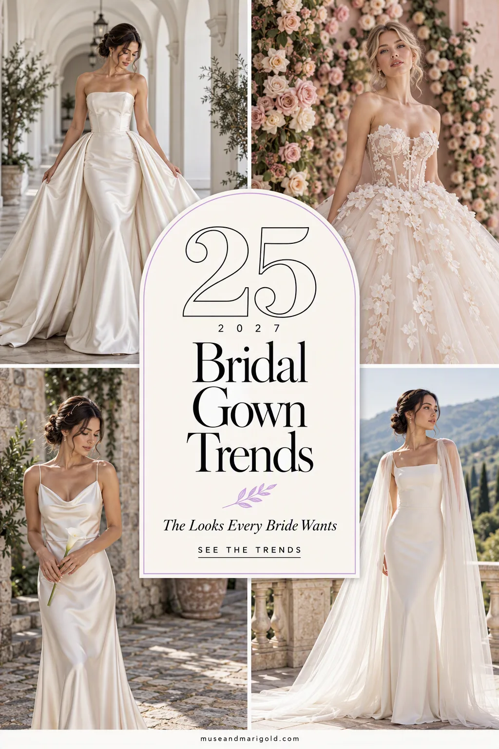 Collage of four brides wearing 2027 wedding dress trends with text reading 25 2027 Bridal Gown Trends